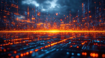 Fototapeta premium Futuristic cityscape with glowing lines and digital elements.