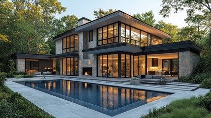 Fototapeta premium Modern house with large windows and pool in a wooded setting.