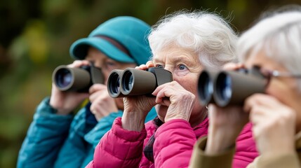 Seniors attending a bird-watching group, peering through binoculars
