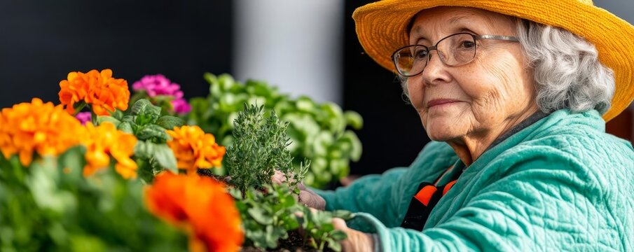 Seniors attending a community garden event, planting flowers and herbs