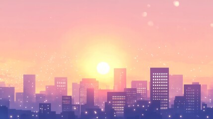 Fototapeta premium A colorful sunset over a city skyline with a glowing sun and light streaks in the sky.
