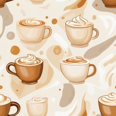 A cozy pattern featuring various coffee cups with creamy toppings on a warm, swirly background in shades of beige and brown. Seamless pattern design.