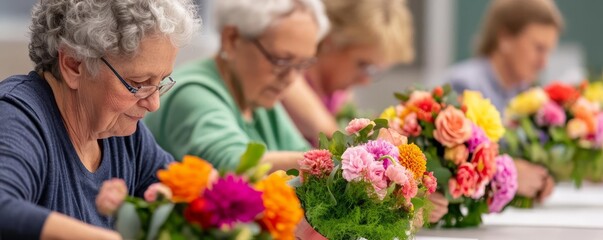 Seniors attending a flower arranging class, crafting bouquets