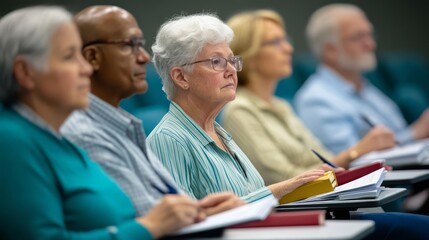 Fototapeta premium Seniors attending a health seminar, listening to a speaker with notebooks