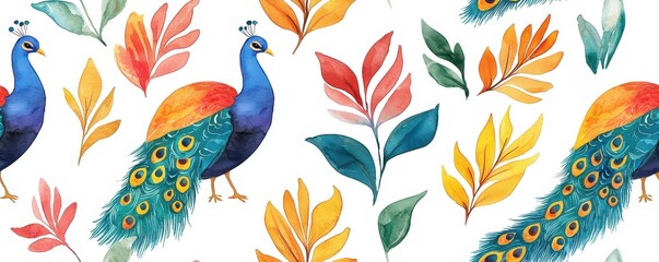 Obraz premium Vibrant Watercolor Chinese Peacock Pattern with Intricate Feathers - Stunning Tile Art Design