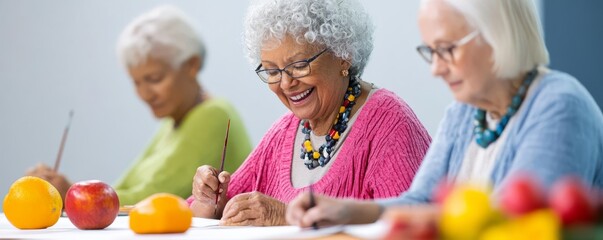 Seniors attending a local art class, drawing still life