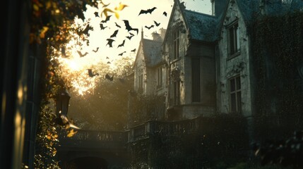 Fototapeta premium A haunted mansion with flickering lights and bats flying overhead on Halloween 2024.