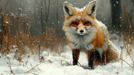 Obraz premium A fox in a snowy landscape, showcasing winter wildlife beauty.