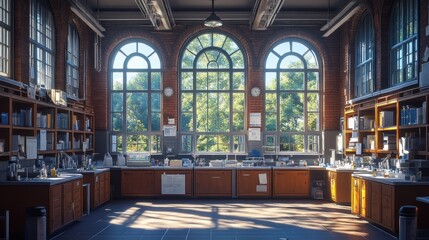 Obraz premium Bright laboratory with large windows and wooden workstations.