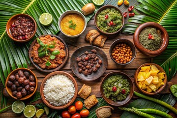 A table full of food with a variety of dishes including rice, beans