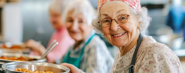 Seniors attending a soup kitchen volunteer event, serving food