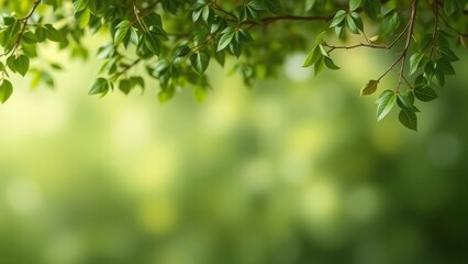 Obraz premium Green leaves on branches with a soft blurred background. Natural springtime concept
