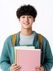 Obraz premium Happy young Korean male college student model holding copybooks isolated on white background. Smiling asian guy learner looking at camera, advertising for education.