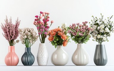 A collection of fashionable vases with beautifully arranged bouquets, showcasing unique design elements, set against a white background