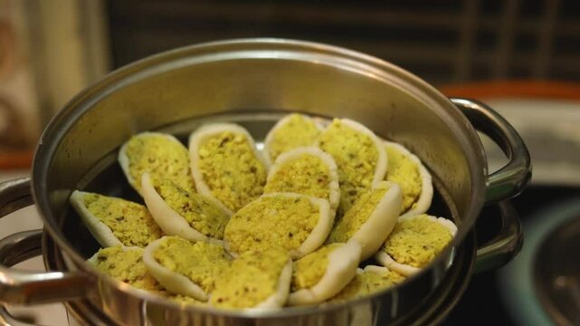 Steamed lentil fara in rice dough Indian style homemade dish