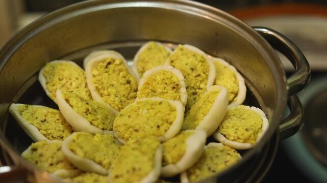 Steamed lentil fara in rice dough Indian style homemade dish