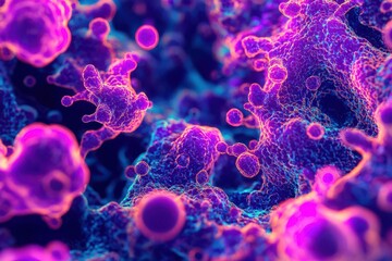 3D view of enzymes in action during cell division, dynamic motion, bright neon colors, Enzymes in mitosis, Cellular biology at micro level