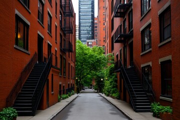 Naklejka premium Simple, clean design of a narrow alleyway with just a few windows and doors visible, in a minimalist style, representing the quiet beauty of narrow city streets