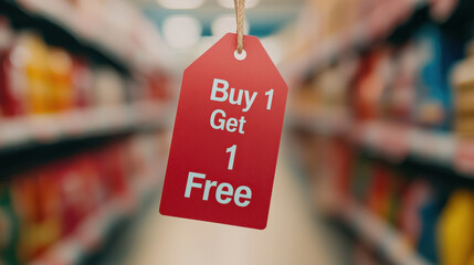 Buy 1 Get 1 Free sale tag hanging in store aisle, showcasing promotional offer that attracts shoppers. vibrant red tag stands out against blurred background of products