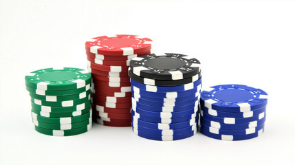 A close-up image of red, blue, and black casino poker chips. 