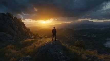 Obraz premium A lone hiker watching the sunset from a mountaintop as nightfall begins to take over the sky.