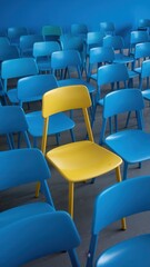 Obraz premium Yellow chair is sitting in a row of blue chairs