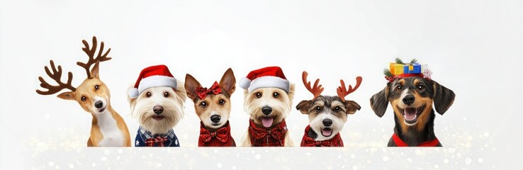 Festive Dog Banner with Christmas Outfits & Accessories for Holiday-Themed Pet Apparel Promotion on Social Media. Bokeh Lights & Joyful Theme for Added Effect.