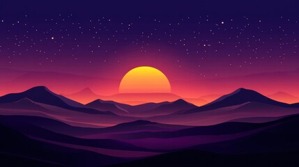 A meadow at nightfall, with the sun setting behind the hills, casting a golden glow over the landscape.