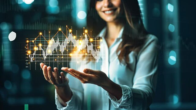 A woman in a white shirt is smiling and holding her hands out, displaying a glowing digital graph with fluctuating lines and data points