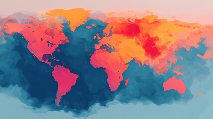 Obraz premium A colorful, artistic world map depicting continents with vivid hues of blue, pink, and orange, showcasing a creative representation of geographic areas.
