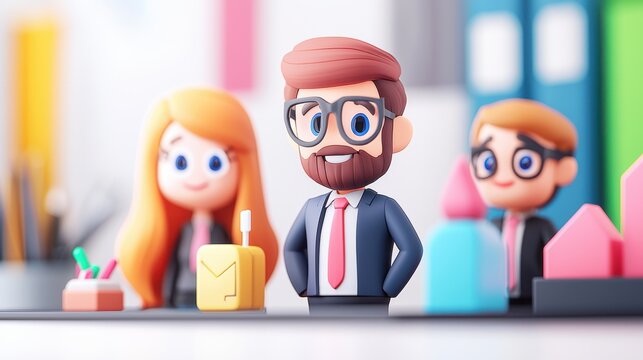 Three cartoon business characters in an office setting, colorful background.