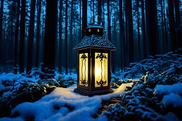 Christmas lantern with lit candle in the evening snowy winter forest.