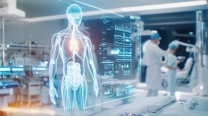 A digital hologram of a human body in a modern medical facility, showcasing health metrics and surgical activity.
