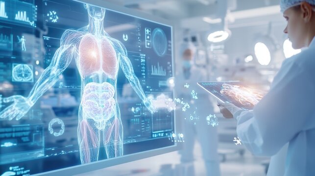 A scientist analyzes a 3D holographic model of the human body, showcasing internal organs and data in a high-tech medical environment.