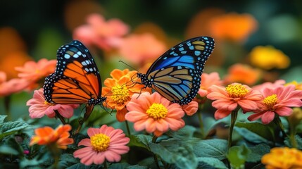 Obraz premium Two vibrant butterflies resting on colorful flowers in a garden.