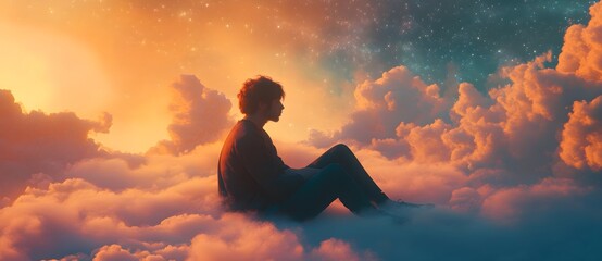 Obraz premium Person Sitting on Ground Surrounded by Colorful Clouds