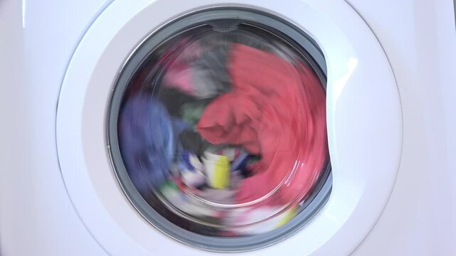 Laundry Machine Washing Disinfecting, Cleaning Clothes Chores, Spinning and Rotating, Household, Housework, Woman Working in Laundromat