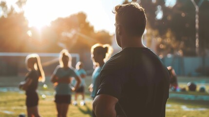 Coach Observing Team During Outdoor Practice Session at Sunset on a Sports Field