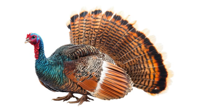 A vibrant wild turkey displaying its colorful plumage in a natural setting during the autumn season.