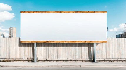 Obraz premium A blank billboard against a bright blue sky, bordered by a wooden fence, suggesting advertising potential or space for creative expression.