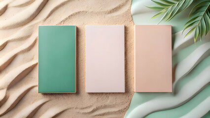 Three blank canvases rest on a sandy beach scene.