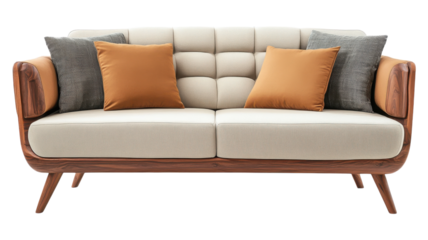 Modern upholstered sofa with decorative pillows in neutral colors, designed for contemporary living spaces.