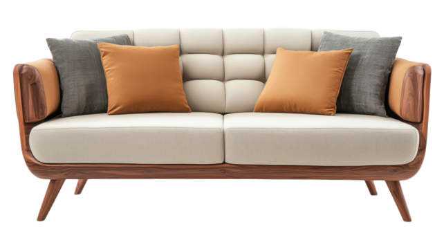 Modern upholstered sofa with decorative pillows in neutral colors, designed for contemporary living spaces.