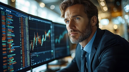 Fototapeta premium focused businessman analyzes stock market data on multiple screens, showcasing financial trends and charts in modern office environment. His expression reflects determination and insight