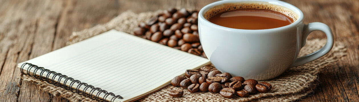 warm cup of coffee sits beside notepad and scattered coffee beans, creating cozy atmosphere perfect for planning and reflection