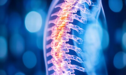 Human spine highlighted under an AI generated X-ray isolated on a blue background. Reports for medical examination