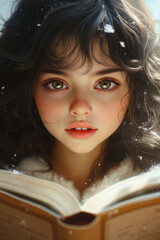 A girl is reading a book in the snow