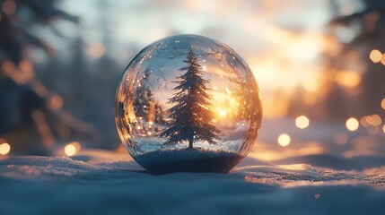 Christmas Glass Ball with Tree in It on Winter Background