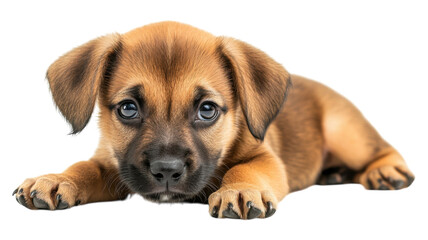 Obraz premium Cute brown puppy lying down on its stomach with a curious expression against a clear background in a playful pose.