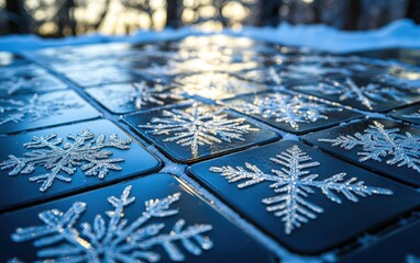 Naklejka premium Solar panel with snowflake patterns: A solar panel with frosty snowflake designs etched across its surface, sparkling in the winter light. 